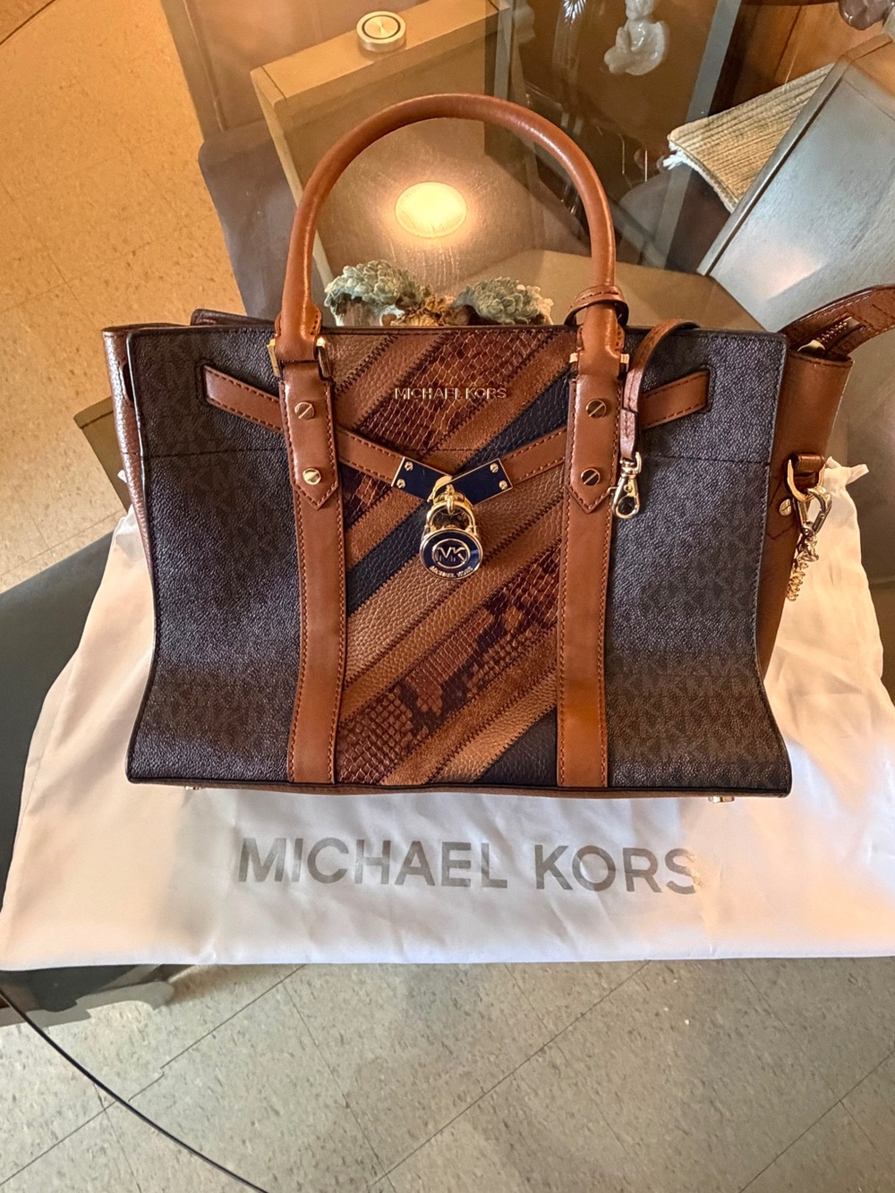 Michael Kors Brown and Tan Logo Patchwork Satchel
